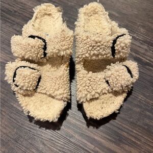 Papillio Faux-Sherpa Double Strap Slide Sandals - Beige